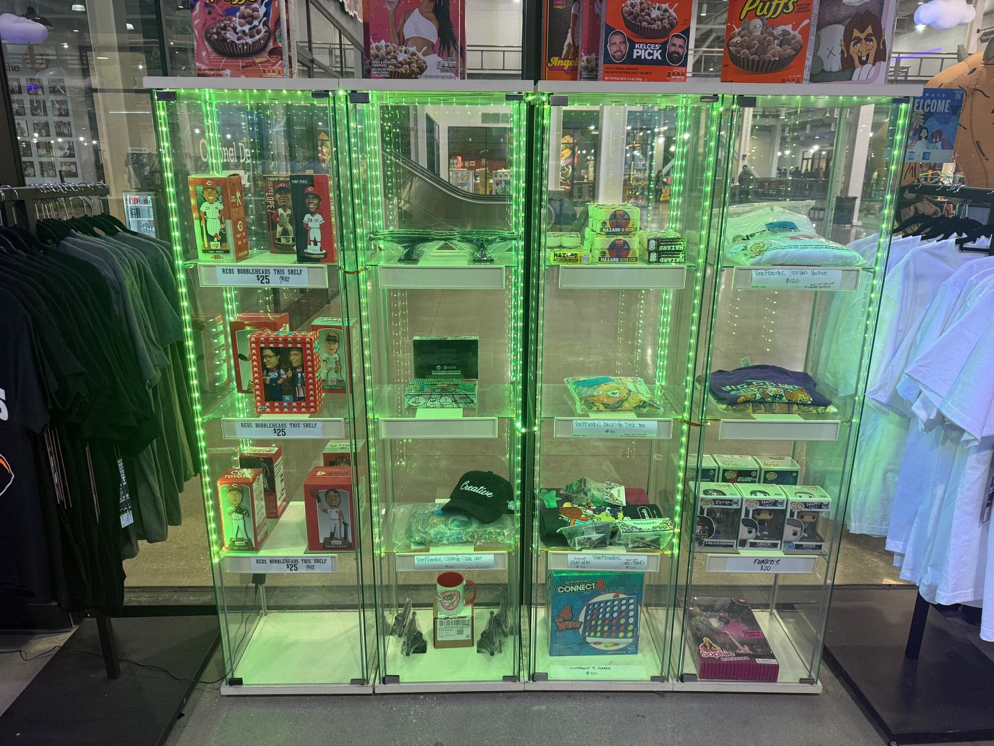 4 GLASS CABINETS WITH SHELVING